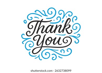 Hand-lettered "Thank You" typography with decorative blue swirls and elegant flourish design isolated on white background.