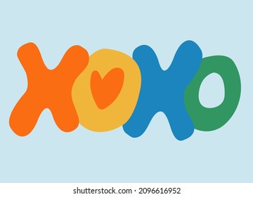 Hand-lettered word XOXO. Retro 60s design. Vector design, element for greeting card, social media post. Love, Romance, Valentines Day concept