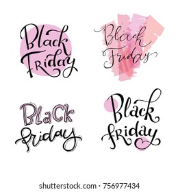 Hand-lettering Black Friday sale typographic poster. Modern calligraphy. Elegant and feminine letters in a hand drawn brush frame. White-black-pink palette. For banners, flyers, web and offline ads.