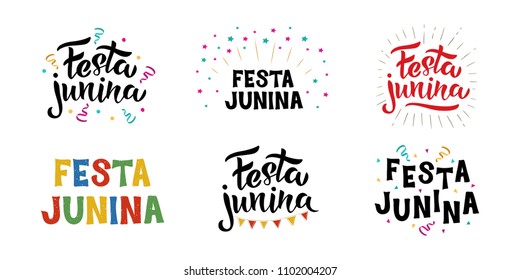 Handlettering Festa Junina set. Traditional June festival party. Vector Illustration. Isolated on white background. For card, poster, invitation.
