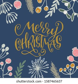 Handlettering greeting phrase Merry Christmas drawn on dark background and decorated with sketchy flowers and twigs. Festive handwritten inscription framed with floral doodle elements. Vector
