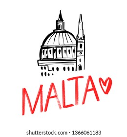 Handlettering logo of country Malta with beautiful church. Modern brush calligraphy. Hand drawn ornament for wrapping paper