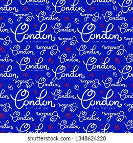 Handlettering London pattern. Seamless pattern with name of city on blue background Modern brush calligraphy. Hand drawn ornament for wrapping paper