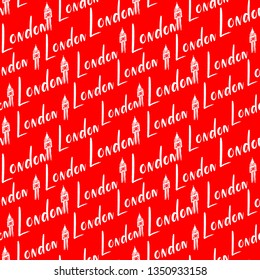 Handlettering London pattern. Seamless pattern with name of city on red background. Modern brush calligraphy. Hand drawn ornament for wrapping paper