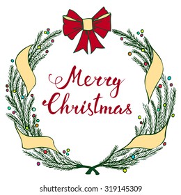 Hand-lettering Merry Christmas with Christmas wreath on white background