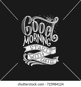 Hand-lettering quote with sketch for coffee shop or cafe. Hand drawn vintage typography composition. Lettering quote about coffee, vector