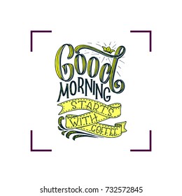 Hand-lettering quote with sketch for coffee shop or cafe. Hand drawn vintage typography composition. Lettering quote about coffee, vector