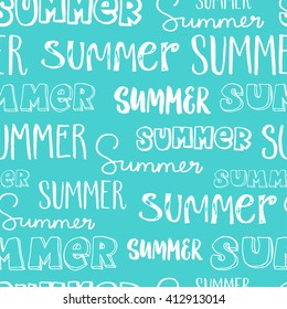 Hand-lettering seamless pattern. Word Summer in different styles. White letters on light blue background.