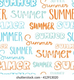 Hand-lettering seamless pattern. Word Summer in different styles. Blue and orange letters on white background.