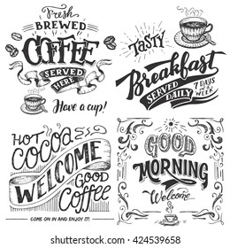 Hand-lettering signs set with sketches for coffee shop or cafe. Hand drawn vintage typography collection isolated on white background