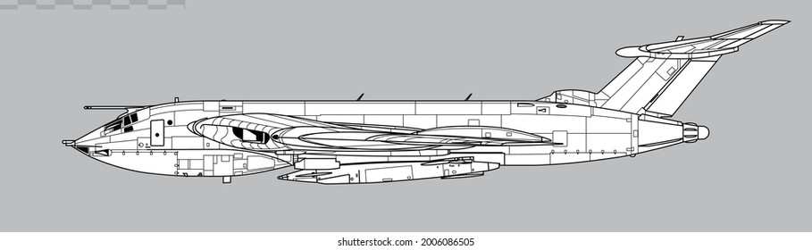 Handley Page VICTOR B.2 with Blue Steel missile. Vector drawing of cold war strategic bomber. Side view. Image for illustration and infographics. 