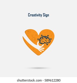 Hand,light bulb & heart  logo vector design.Brain,learning,knowledge & creativity idea concept. Design for poster,flyer,cover,brochure,business idea & industrial education concept.Vector illustration