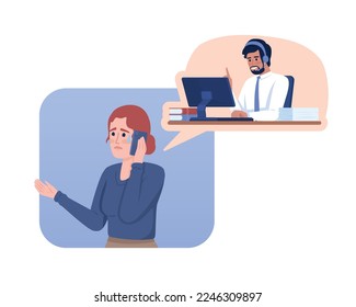 Handling crying customer 2D vector isolated illustration. Sobbing female client and polite operator flat characters on cartoon background. Colorful editable scene for mobile, website, presentation