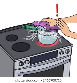 Handling hot cookware: using a cloth to touch a boiling pot - kitchen safety and burn prevention concept