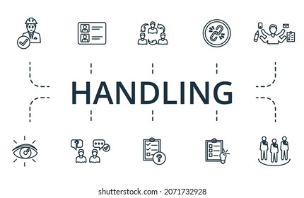 Handling icon set. Collection of simple elements such as the interaction, team characteristics, project status, multitasking, shared vision, respond to customers.