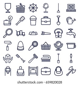Handling icons set. set of 36 handle outline icons such as stamp, luggage storage, lugagge weight, pan, tank, mirror, razor, bucket, toothbrush, clean brush, bag, shovel, tap
