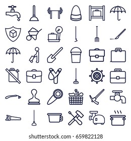 Handling icons set. set of 36 handle outline icons such as man with luggage, umbrella, luggage storage, lugagge weight, helm, razor, plunger, bucket, tap, bag, shovel, stamp