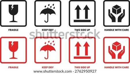 Handling Instruction Icon Set. Handling instruction icon set with fragile keep dry this side up and handle with care package symbols vector design