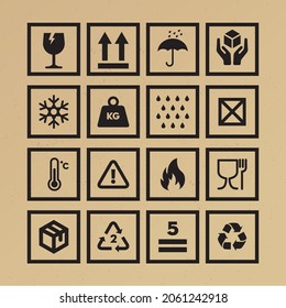 Handling and Packing icon set including Fragile, Recycle and Caution Signs to be used on the box or packaging 