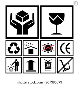 Handling & packing icon set including  fragile, recycle and do not expose to sunlight  signs etc. - can be used on the box or packaging 