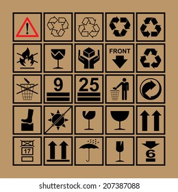 Handling & packing icon set including  fragile, recycle and caution signs etc. - can be used on the box or packaging 