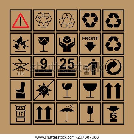 Handling & packing icon set including  fragile, recycle and caution signs etc. - can be used on the box or packaging 