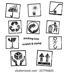 Handling & packing icon set with scratch or grungy rubber stamp, isolated on white background