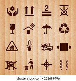 Handling and packing icons set with temperature limitation flammable no stack symbols isolated on cardboard background vector illustration