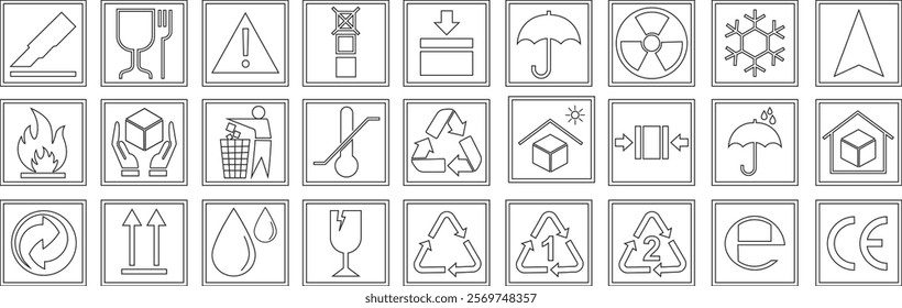 Handling and packing symbols icon set including fragile, recycle and caution signs. Packing symbol for cardboard boxes. Delivery shipping labels. Packaging signs isolated on transparent background.