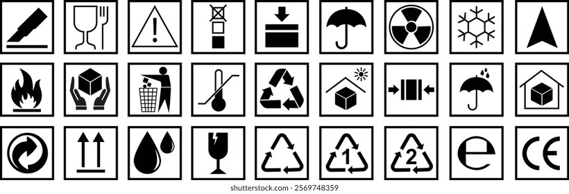 Handling and packing symbols icon set including fragile, recycle and caution signs. Packing symbol for cardboard boxes. Delivery shipping labels. Packaging signs isolated on transparent background.