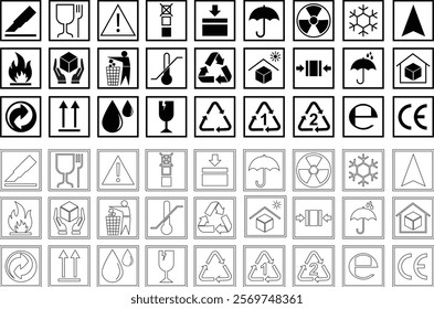 Handling and packing symbols icon set including fragile, recycle and caution signs. Packing symbol for cardboard boxes. Delivery shipping labels. Packaging signs isolated on transparent background.