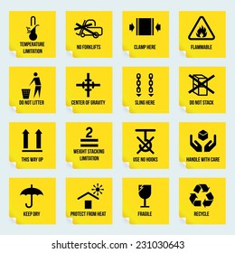 Handling and packing yellow stickers set with temperature limitation flammable no stack symbols isolated vector illustration