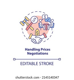 Icono del concepto de negociaciones sobre precios de manejo. Ilustración de línea delgada de la idea abstracta de la complicación de ventas de negocios. Dibujo de contorno aislado. Trazo editable. Fuentes Arial, Myriad Pro-Bold utilizadas
