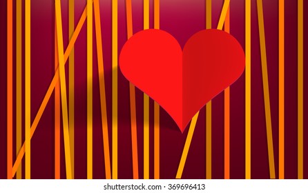 Handmade 3d paper heart vector object. Red background.