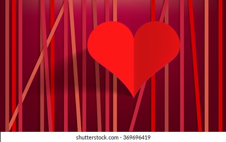 Handmade 3d paper heart vector object. Red background.