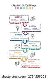 Handmade 6 Step Project Management Milestone Infographic Doodle Style Vertical Process Diagram. EPS Vector.