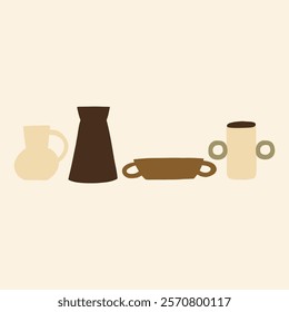Handmade Abstract Clay Pottery Ceramic Utensil. Different Pottery Shape Silhouette Decor. Hand Drawn Vector Illustration