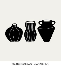 Handmade Abstract Clay Pottery Ceramic Vases Black Silhouette. Different Pottery Shape Silhouette Decor. Hand Drawn Vector Illustration