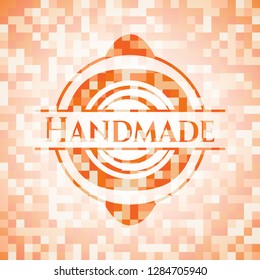 Handmade abstract emblem, orange mosaic background