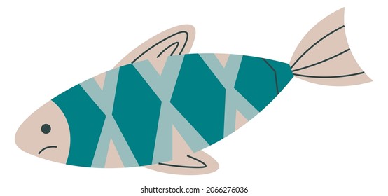 Handmade abstract fish papercut, isolated animal with fins and face, squares and lines. Decorative exotic creature dwelling in water of sea or ocean. Aquatic detail design. Vector in flat style