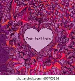 Handmade Abstract Heart frame in Zen-doodle style coloring page for creative Post Card
