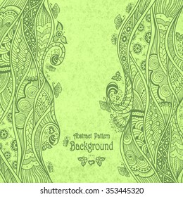 Handmade Abstract pattern background in doodle style on grunge green olive with butterfly flowers hearts waves swirl for decorate different things
