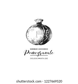 Handgefertigte Accessoires Logo-Vorlage mit handgezeichnet Granatapfel. Vektorgrafik