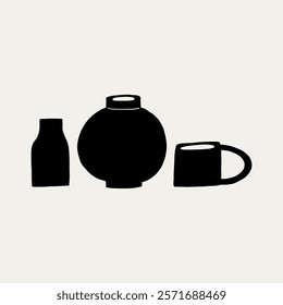 Handmade Aesthetic Clay Pottery Ceramic Utensil Black Silhouette. Different Pottery Shape Silhouette Decor. Hand Drawn Vector Illustration