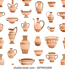 Handmade antique greek pottery seamless pattern. Ancient vases decorated by hellenic ornaments vector flat illustration. Background with traditional grecian clay amphoras and bowls