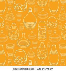 Handmade antique greek pottery seamless pattern. Ancient vases decorated by hellenic ornaments vector flat illustration. Background with traditional grecian clay amphoras and bowls.