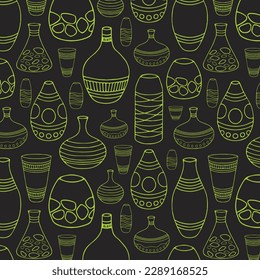 Handmade antique greek pottery seamless pattern. Ancient vases decorated by hellenic ornaments vector flat illustration. Background with traditional grecian clay amphoras and bowls
