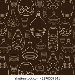 Handmade antique greek pottery seamless pattern. Ancient vases decorated by hellenic ornaments vector flat illustration. Background with traditional grecian clay amphoras and bowls.