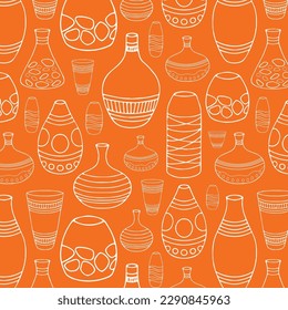 Handmade antique greek pottery seamless pattern. Ancient vases decorated by hellenic ornaments vector flat illustration. Background with traditional grecian clay amphoras and bowls.