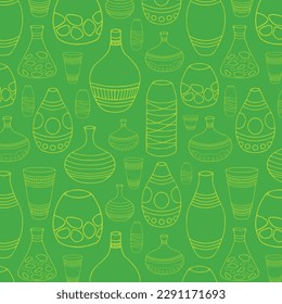 Handmade antique greek pottery seamless pattern. Ancient vases decorated by hellenic ornaments vector flat illustration. Background with traditional grecian clay amphoras and bowls.